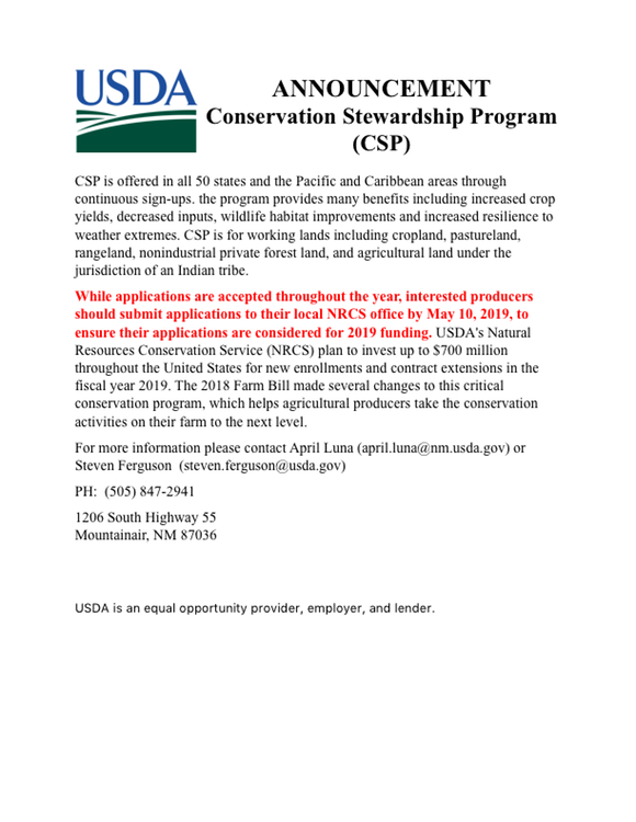 NRCS CSP ANNOUNCEMENT 2019